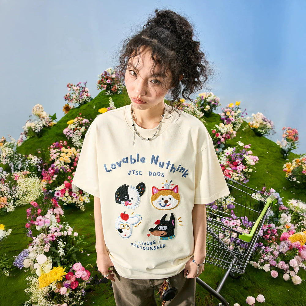 Nuthink American Trendy Brand Embroidered Cartoon Dog Letter T-shirt Short Sleeve Loose Couple Men and Women Summer 2026