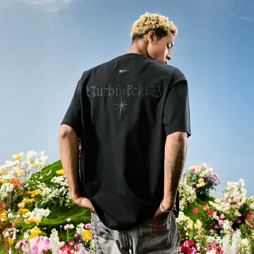 Nuthink American Trendy Brand Heavy Industry Embroidered Eight Star Letter T-shirt Short Sleeve Street Men's and Women's 2026 Summer New Style