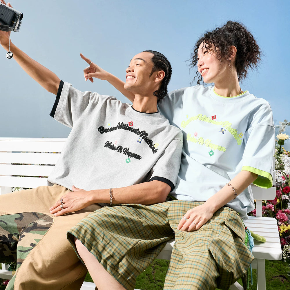Nuthink American style fake two piece dopamine embroidered letter short sleeved T-shirt for men and women, cool feeling Sorona 2026 new item