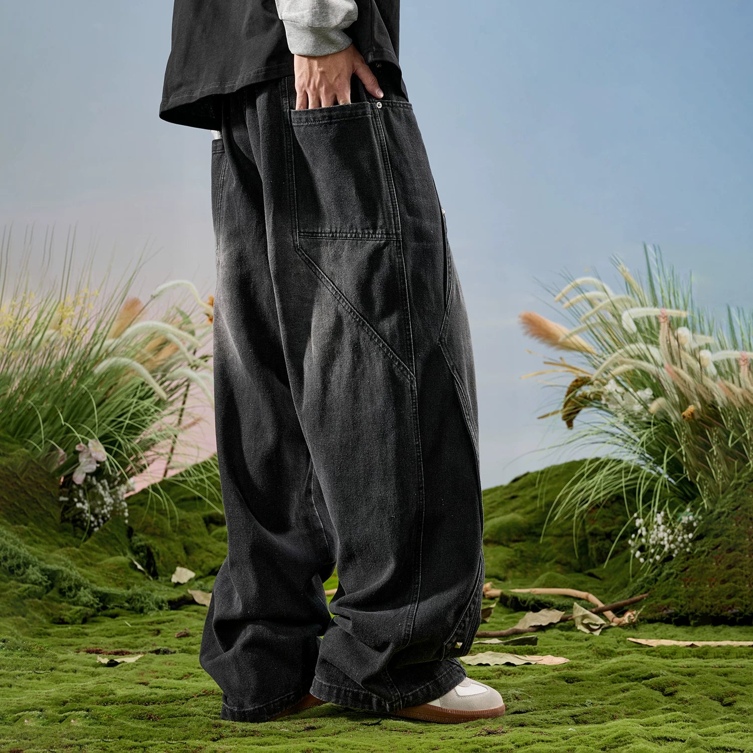 Nuthink American Retro Splicing Wide Leg Jeans, Washed and Used Crooked Pants, Men's Long Pants, Spring 2026