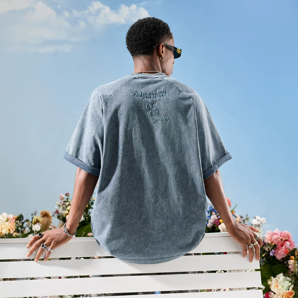 Nuthink American washed vintage dog letter embroidered short sleeved T-shirt for men and women with raglan sleeves 2026 summer new item
