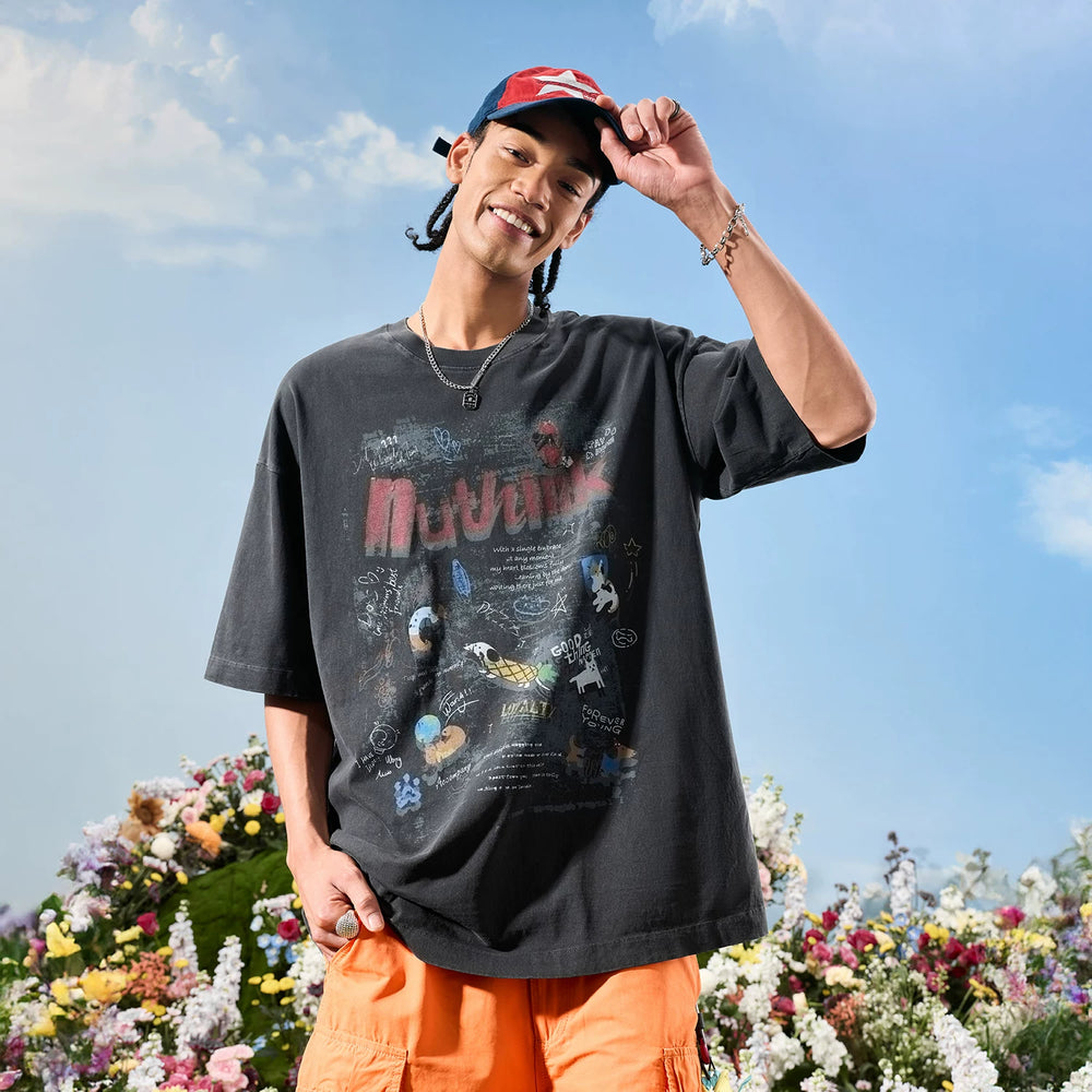 Nuthink American Retro Trendy Brand Washed Old Dog Letter Graffiti Short sleeved T-shirt for Men and Women 2026 New Summer