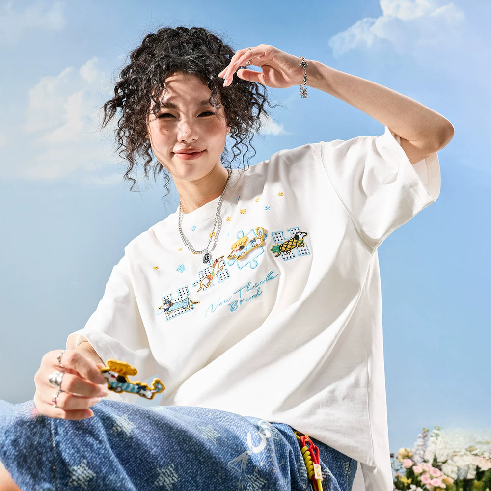 Nuthink American fashion brand embroidered puzzle sausage dog dog letter short sleeved men's T-shirt women 2026 summer new item
