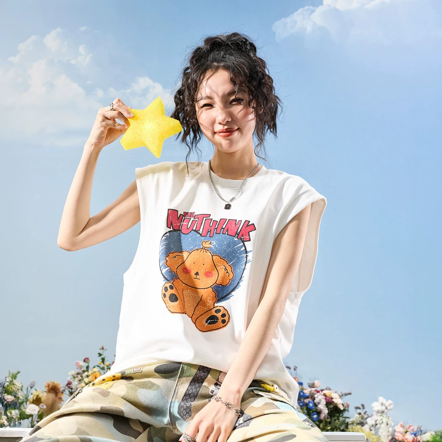 Nuthink American retro hand-painted cartoon letter shoulder sleeveless vest loose men and women 2026 new summer
