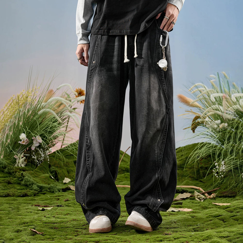 Nuthink American Retro Splicing Wide Leg Jeans, Washed and Used Crooked Pants, Men's Long Pants, Spring 2026