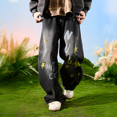 Nuthink American retro washed distressed puppy wide leg jeans with drape and plush pants for men in spring 2026