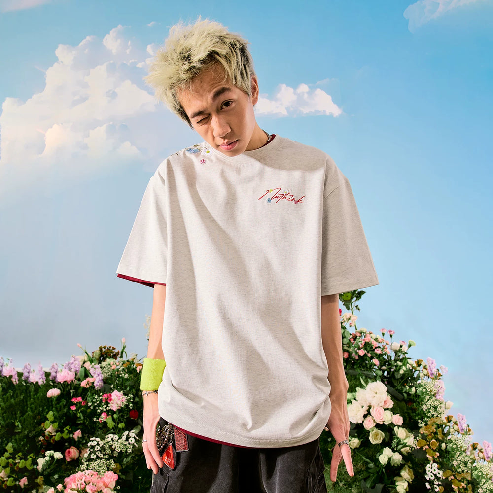 Nuthink American retro floral letter embroidery short sleeved trendy brand hip-hop T-shirt for couples new summer 2026