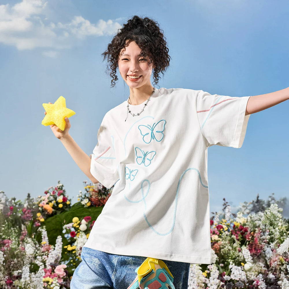 Nuthink American retro trendy brand embroidered butterfly Hasselblad thread cool short sleeved men's T-shirt women 2026 new summer