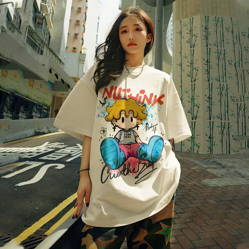 Nuthink American Trendy Cartoon T-shirt Men's Trendy Loose Short Sleeve Men's Summer Large Half Sleeve Couple Top