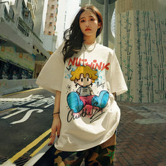 Nuthink American Trendy Cartoon T-shirt Men's Trendy Loose Short Sleeve Men's Summer Large Half Sleeve Couple Top
