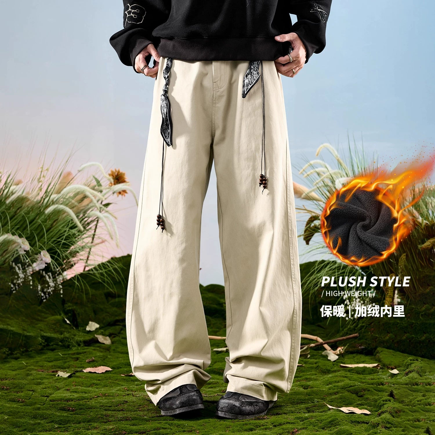 Nuthink American retro workwear logging pants loose and plush thick casual pants men's winter new 2026