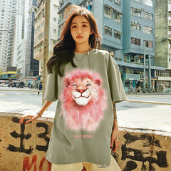 Nuthink heavyweight niche couple lion short sleeved men's summer American T-shirt trend loose oversized half sleeved top