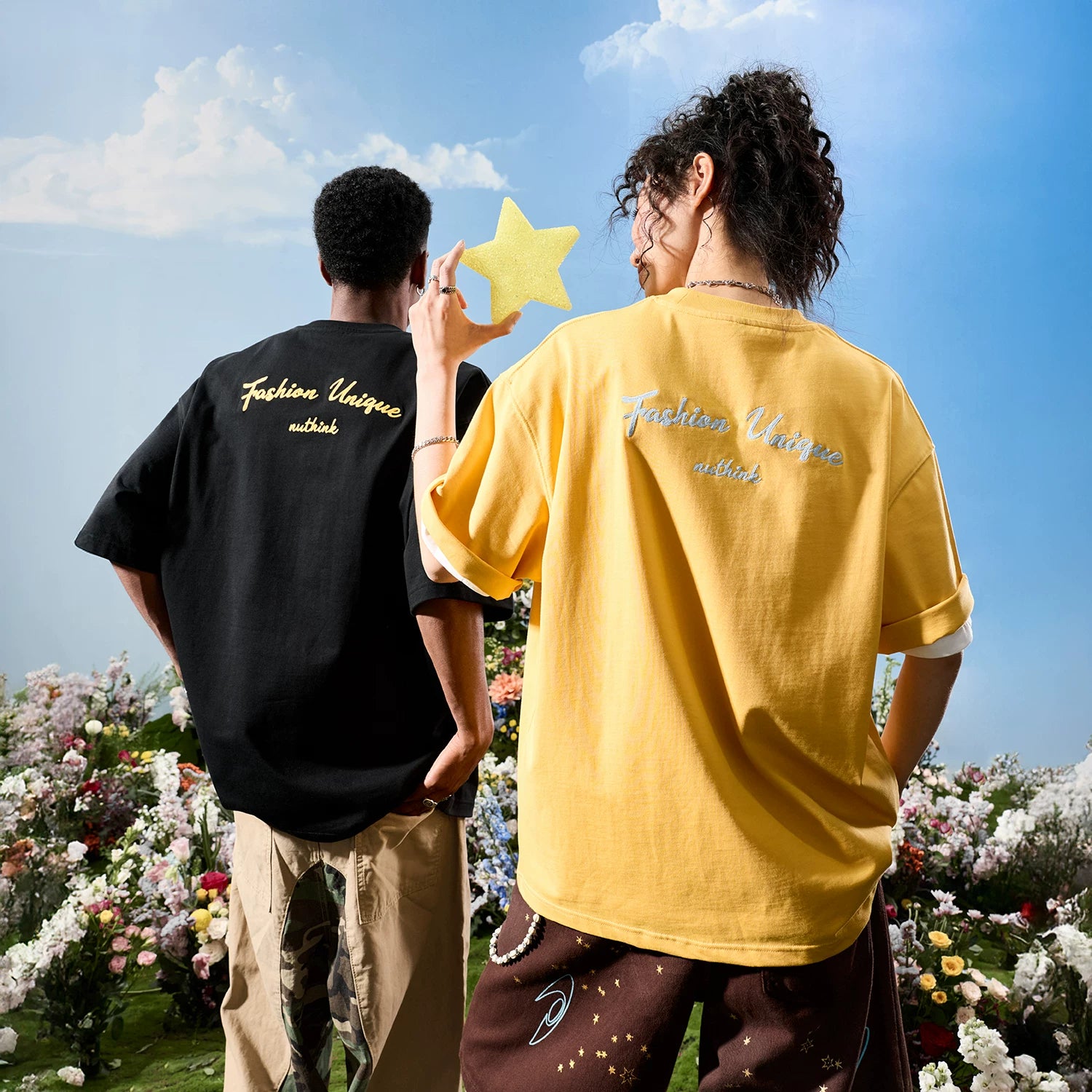 Nuthink American retro trendy brand contrasting letters embroidery short sleeved men's T-shirt yellow women's 2026 summer new item