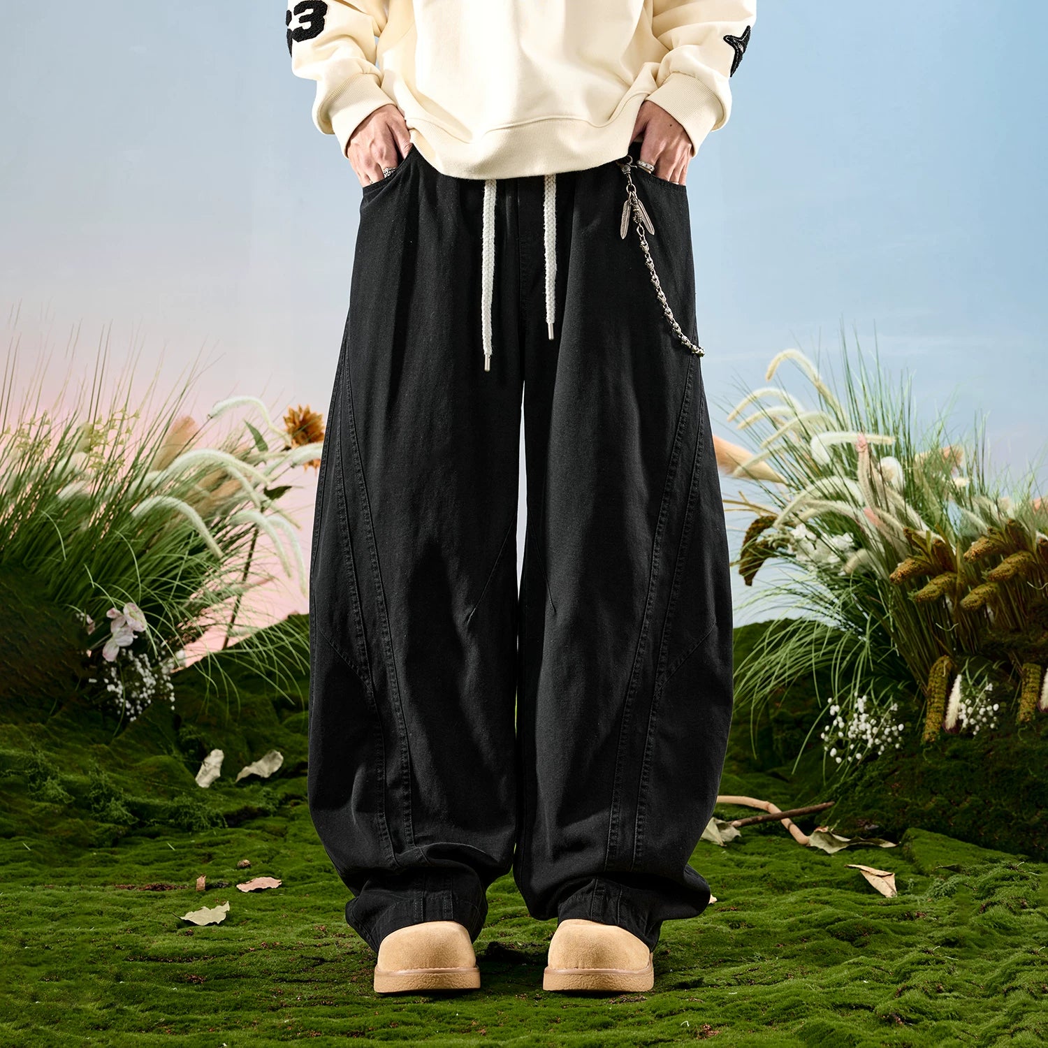 Nuthink American retro workwear wide leg curved knife pants spliced loose drawstring pants men's new model for spring 2026
