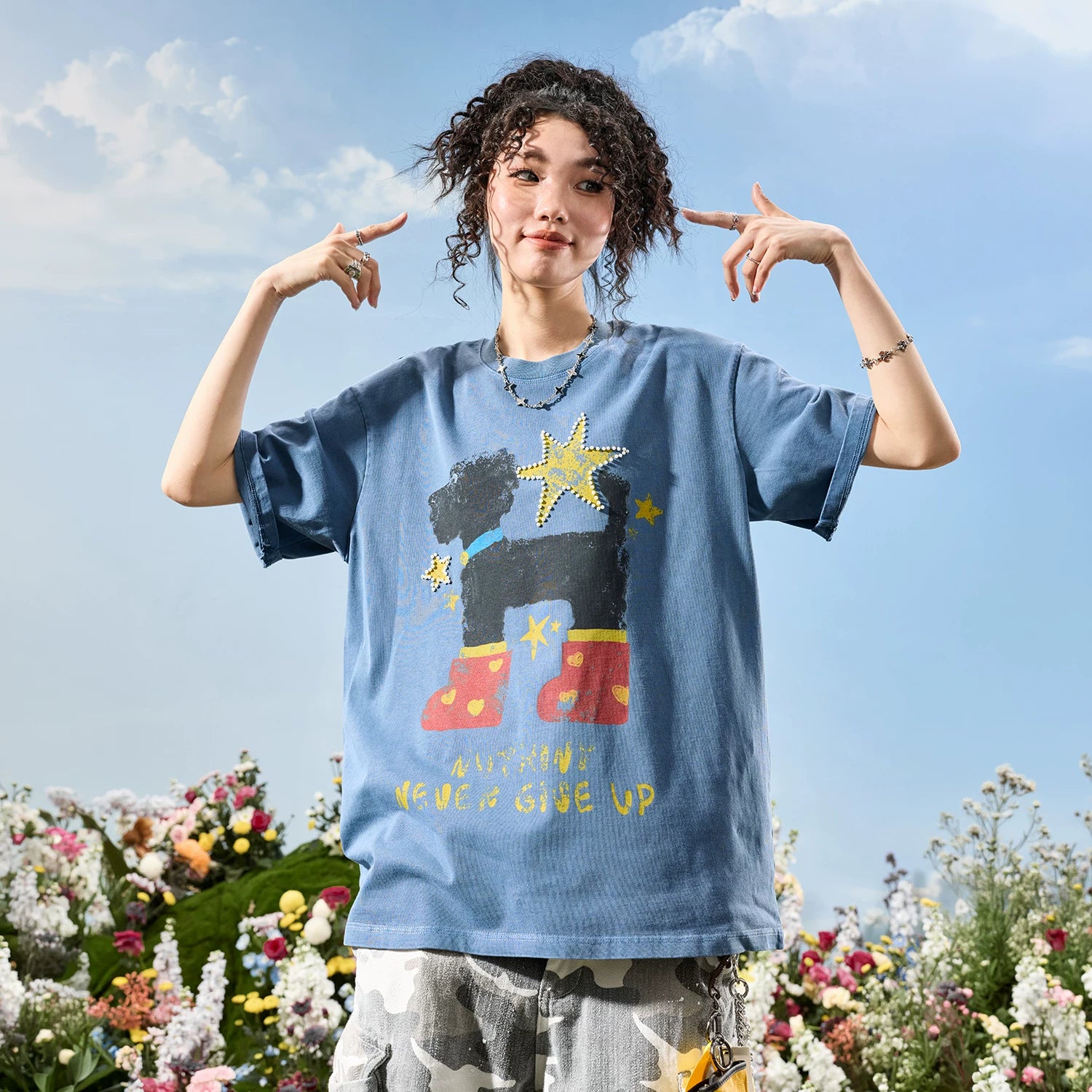 Nuthink American Trendy Brand Washed Graffiti Pearl Star Puppy Short sleeved T-shirt for Men and Women 2026 New Summer
