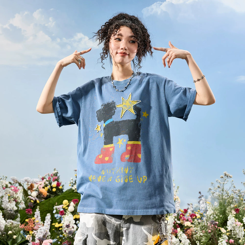 Nuthink American Trendy Brand Washed Graffiti Pearl Star Puppy Short sleeved T-shirt for Men and Women 2026 New Summer