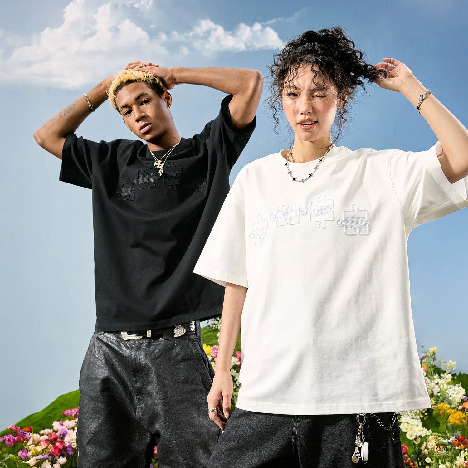 Nuthink American fashion brand embroidered puzzle T-shirt men's short sleeved women's solid color loose couple 2026 summer new item