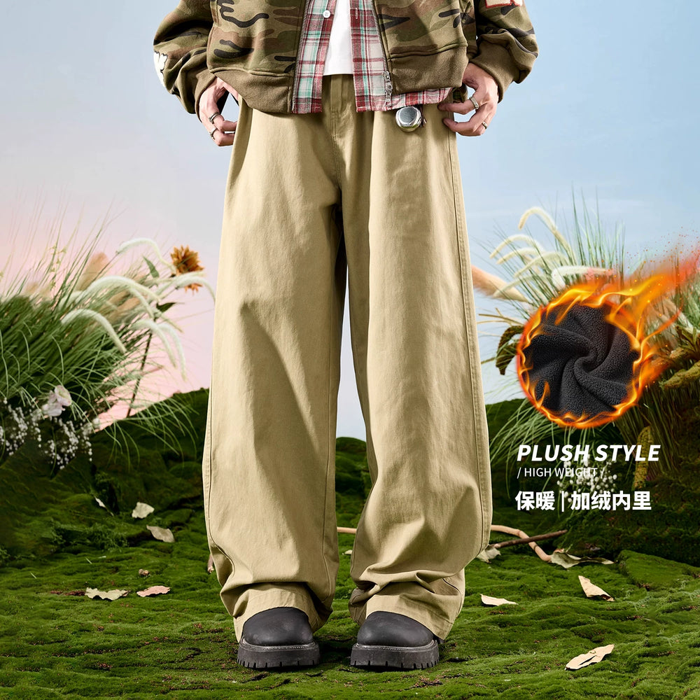 Nuthink American retro workwear logging pants loose and plush thick casual pants men's winter new 2026