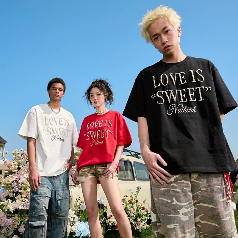 Nuthink American Retro T-shirt Heavy duty Cotton Embroidered Letter Short Sleeve unisex