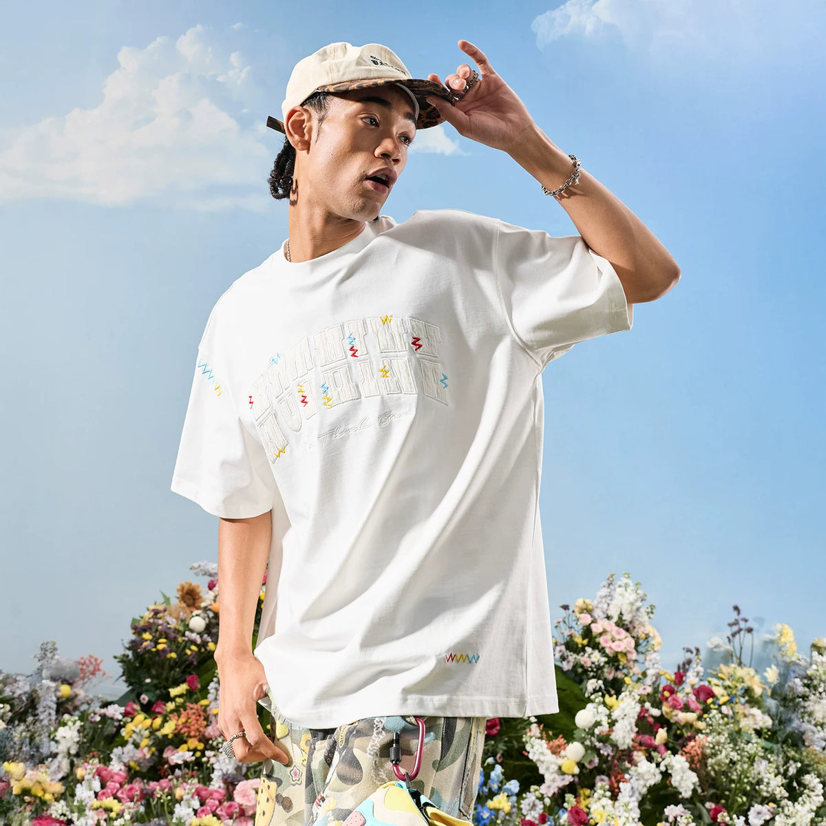 Nuthink American Trendy Brand Heavy Industry Embroidered Alphabet Color blocked Short sleeved T-shirt for Men and Women, High End 2026 New Summer Edition
