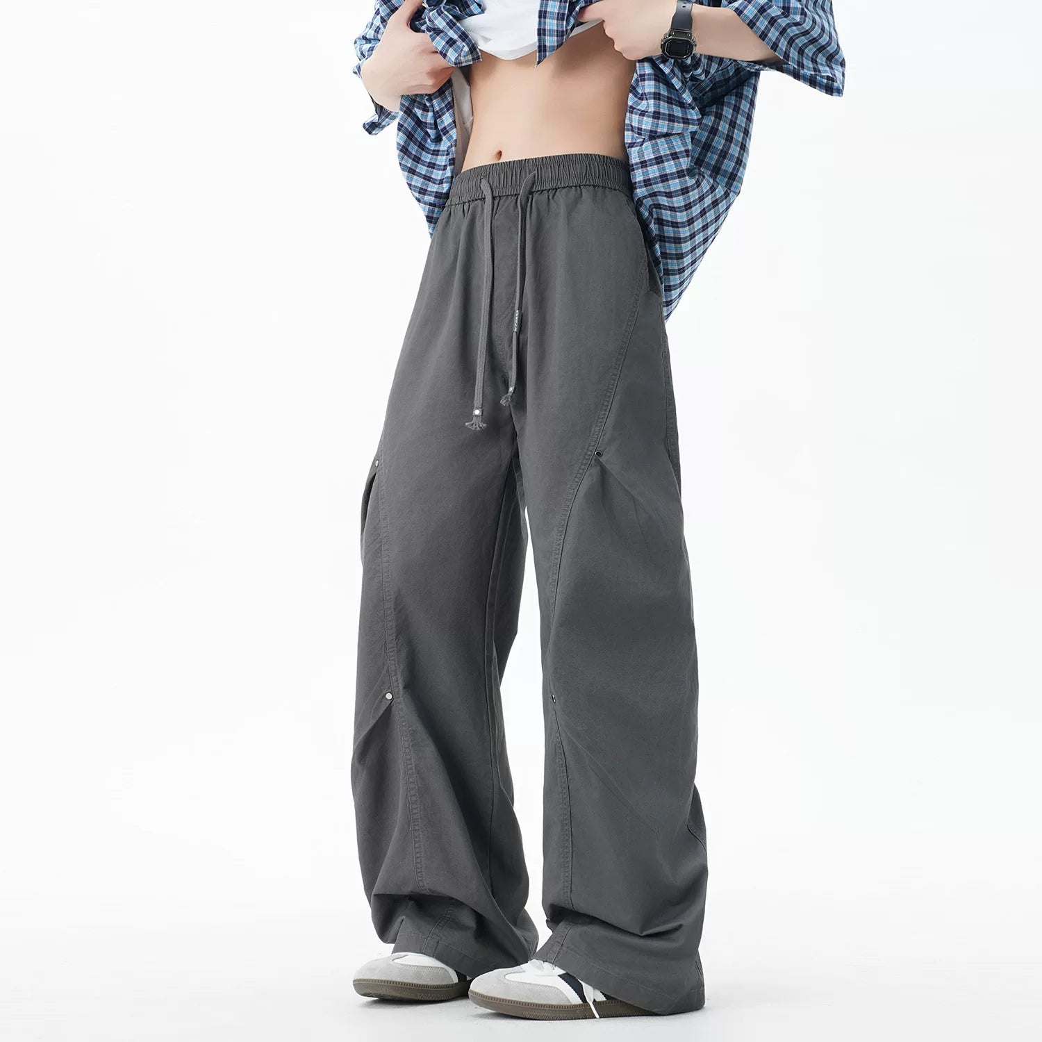 Nuthink American retro double pleated rivet curved knife pants men's trendy brand wash water straight leg pants 2025 autumn new item