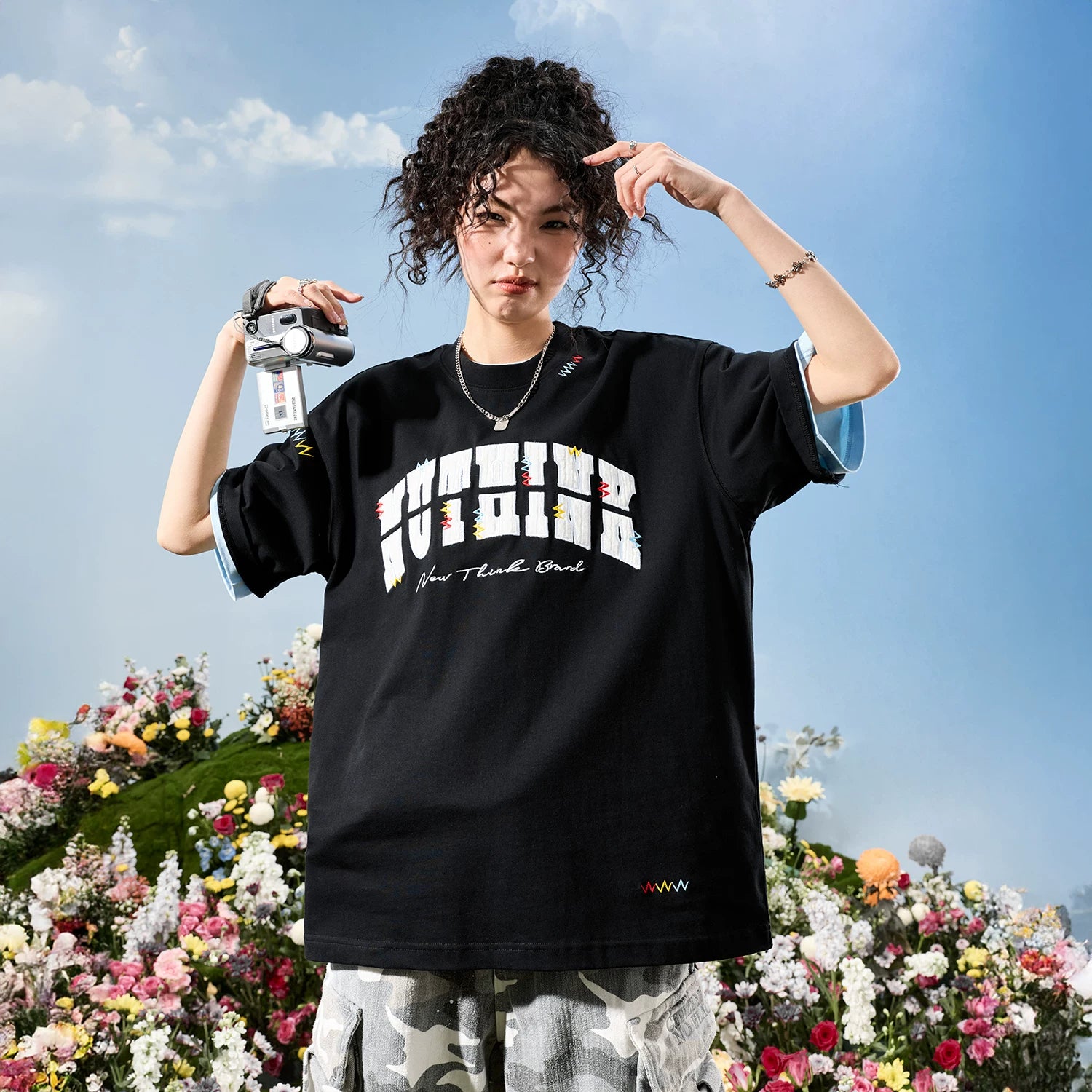 Nuthink American Trendy Brand Heavy Industry Embroidered Alphabet Color blocked Short sleeved T-shirt for Men and Women, High End 2026 New Summer Edition