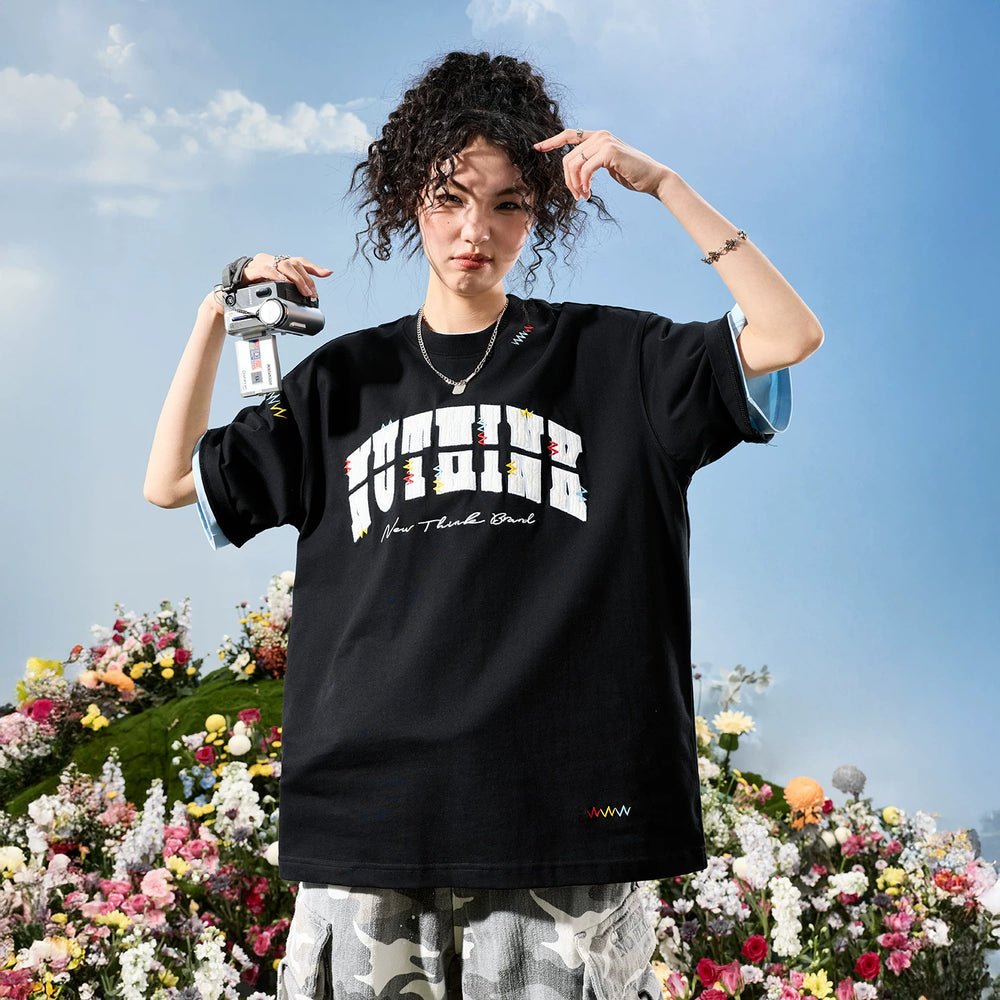 Nuthink American Trendy Brand Heavy Industry Embroidered Alphabet Color blocked Short sleeved T-shirt for Men and Women, High End 2026 New Summer Edition
