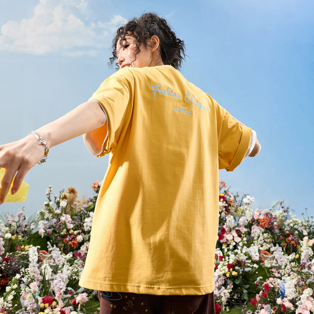 Nuthink American retro trendy brand contrasting letters embroidery short sleeved men's T-shirt yellow women's 2026 summer new item