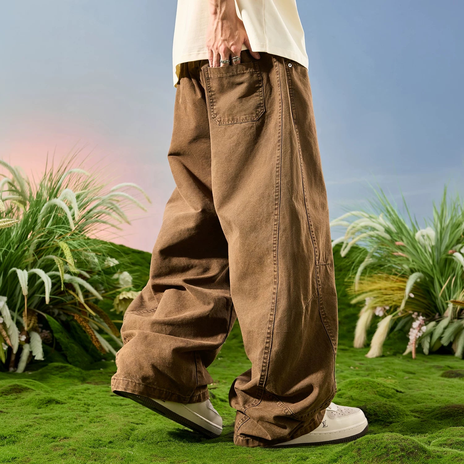 Nuthink American Retro Trendy Brand Hanging Wide Leg Pants Bending Knife Pants Men's Drawstring Pants 2026 New Summer