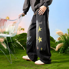 Nuthink American retro washed distressed puppy wide leg jeans with drape and plush pants for men in spring 2026