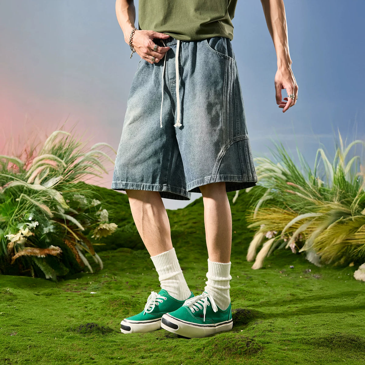 Nuthink American retro trendy brand washed denim shorts men's drawstring five part pants splicing 2026 new summer