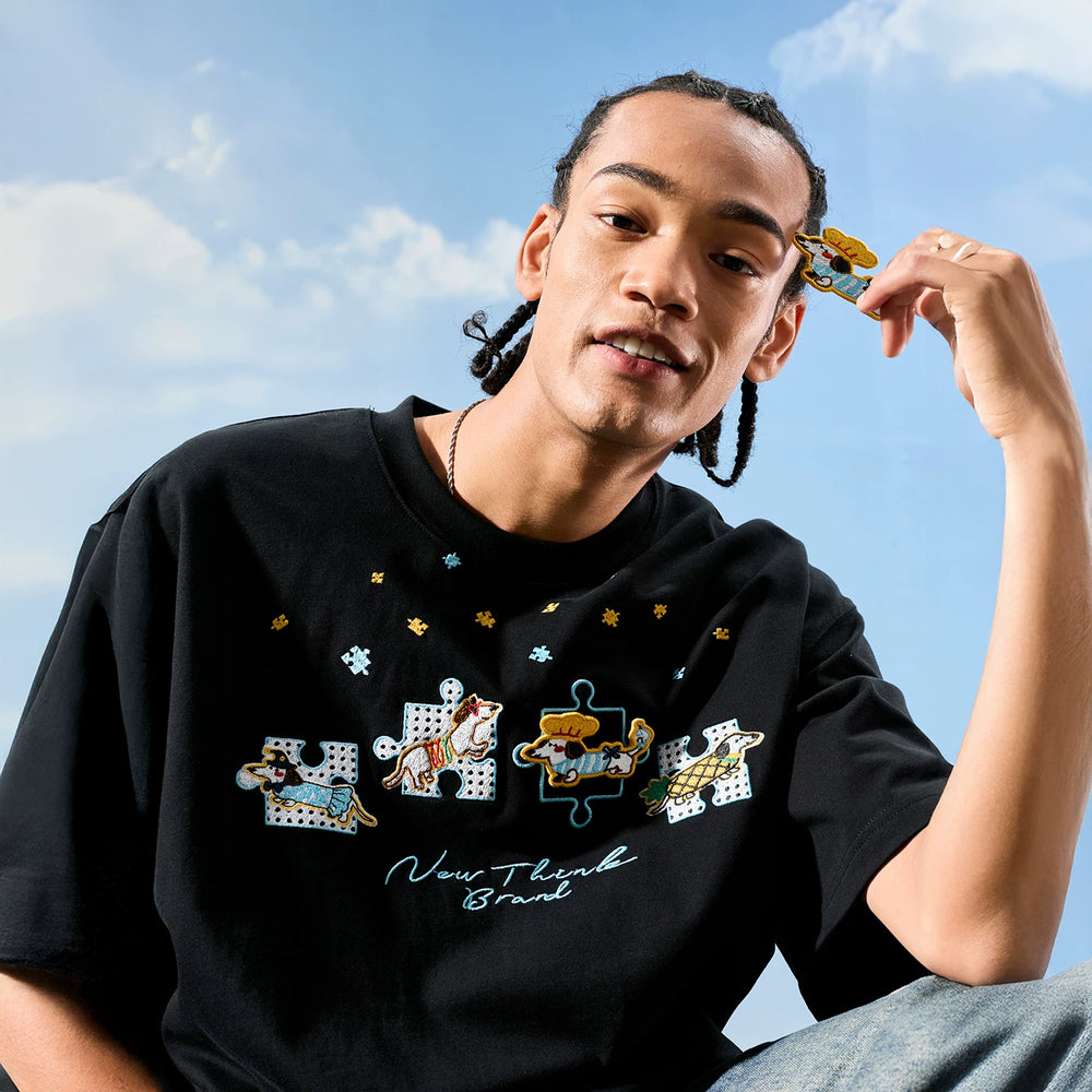 Nuthink American fashion brand embroidered puzzle sausage dog dog letter short sleeved men's T-shirt women 2026 summer new item