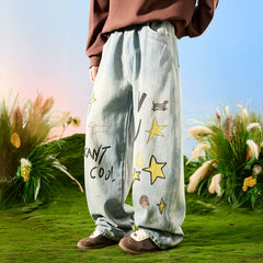 Nuthink American retro washed distressed puppy wide leg jeans with drape and plush pants for men in spring 2026