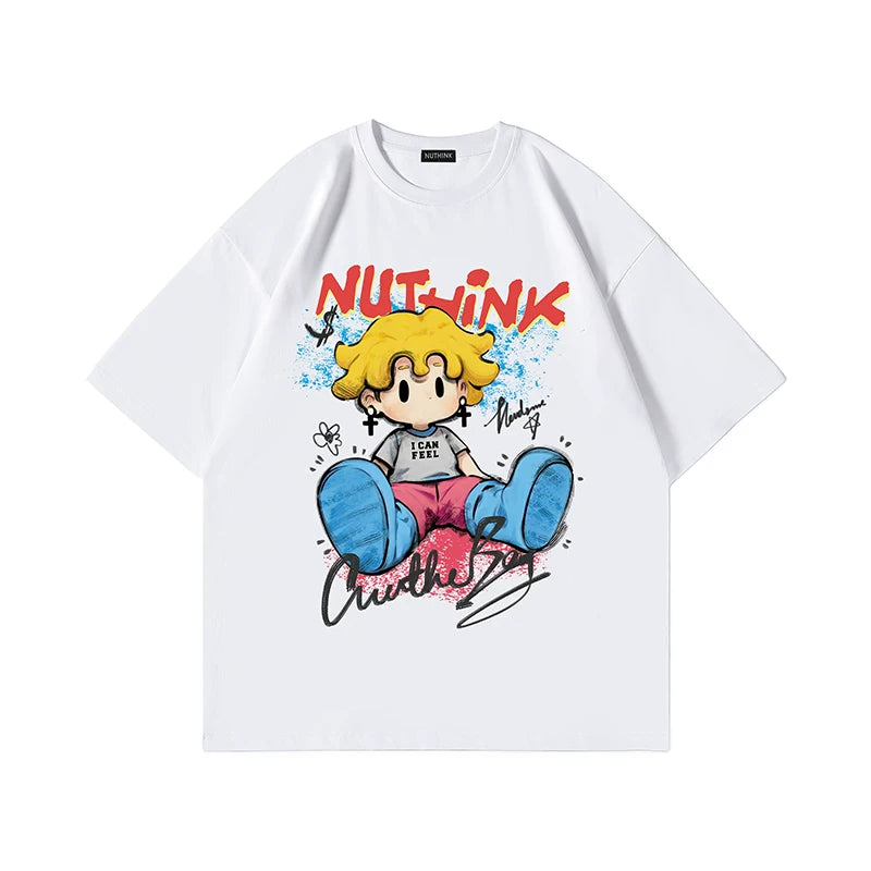 Nuthink American Trendy Cartoon T-shirt Men's Trendy Loose Short Sleeve Men's Summer Large Half Sleeve Couple Top