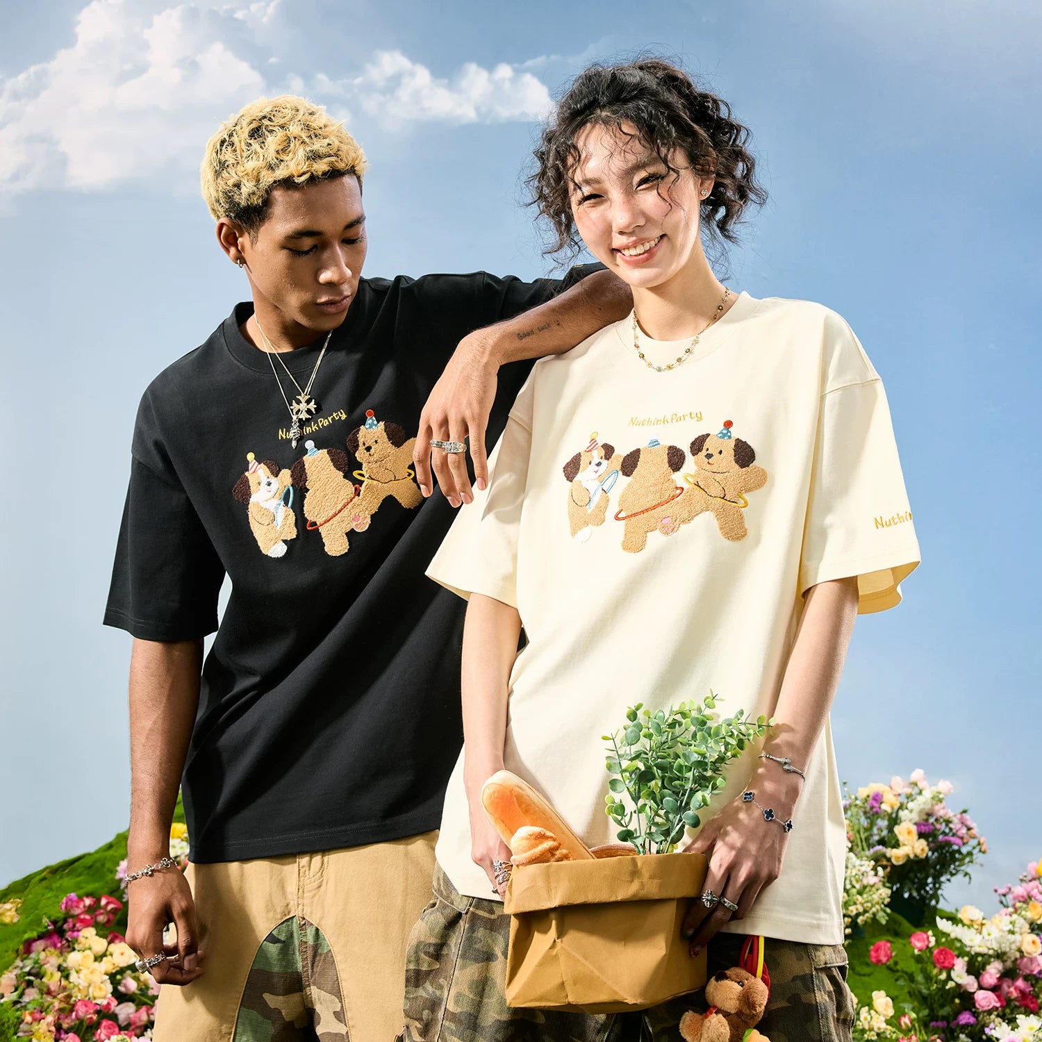 Nuthink American fashion brand embroidered puppy T-shirt short sleeved unisex couple cartoon 2026 summer new item
