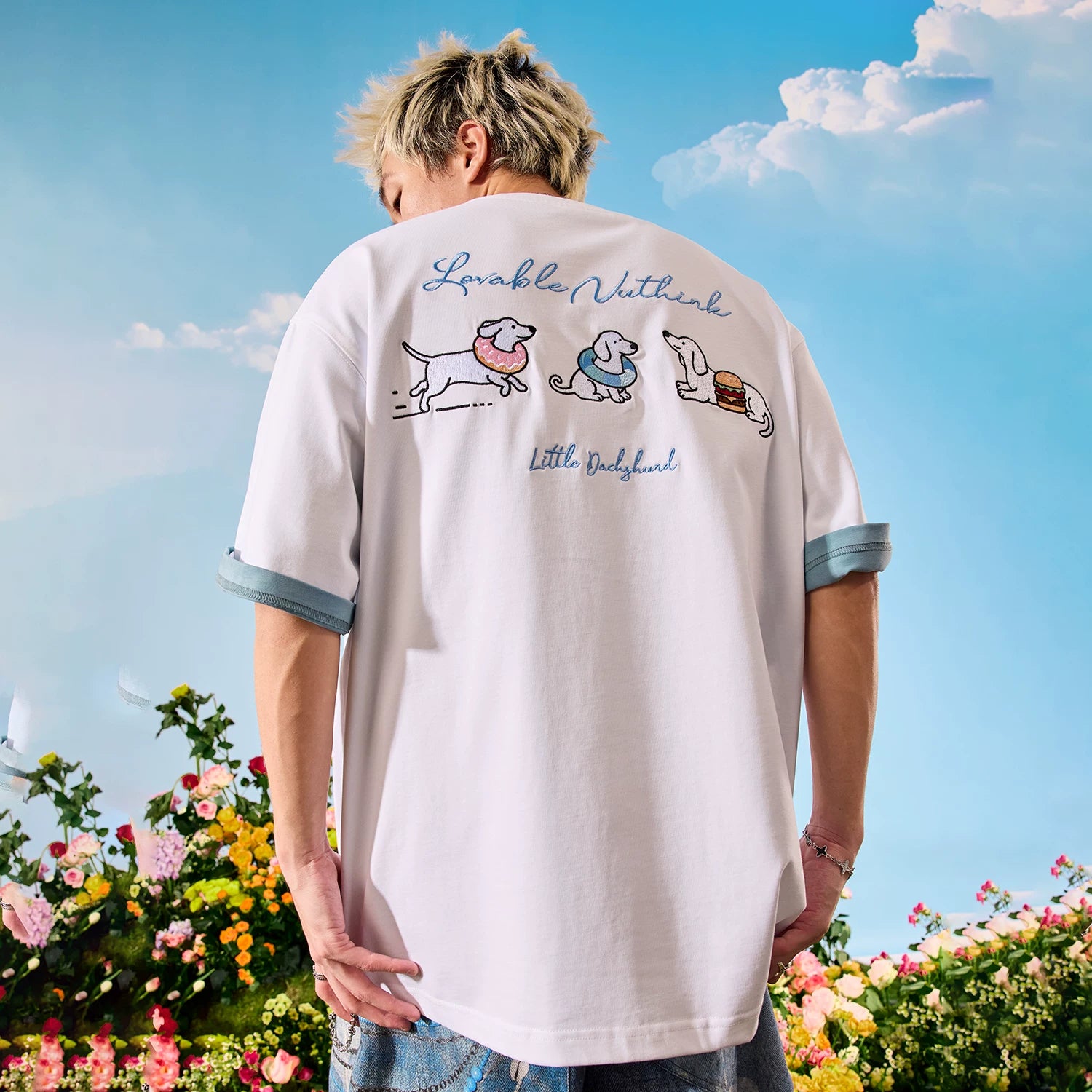 Nuthink Heavy Dog Sausage Dog Embroidery Short Sleeve T-shirt Rose Red Male and Female Couple 2026 Summer New Collection