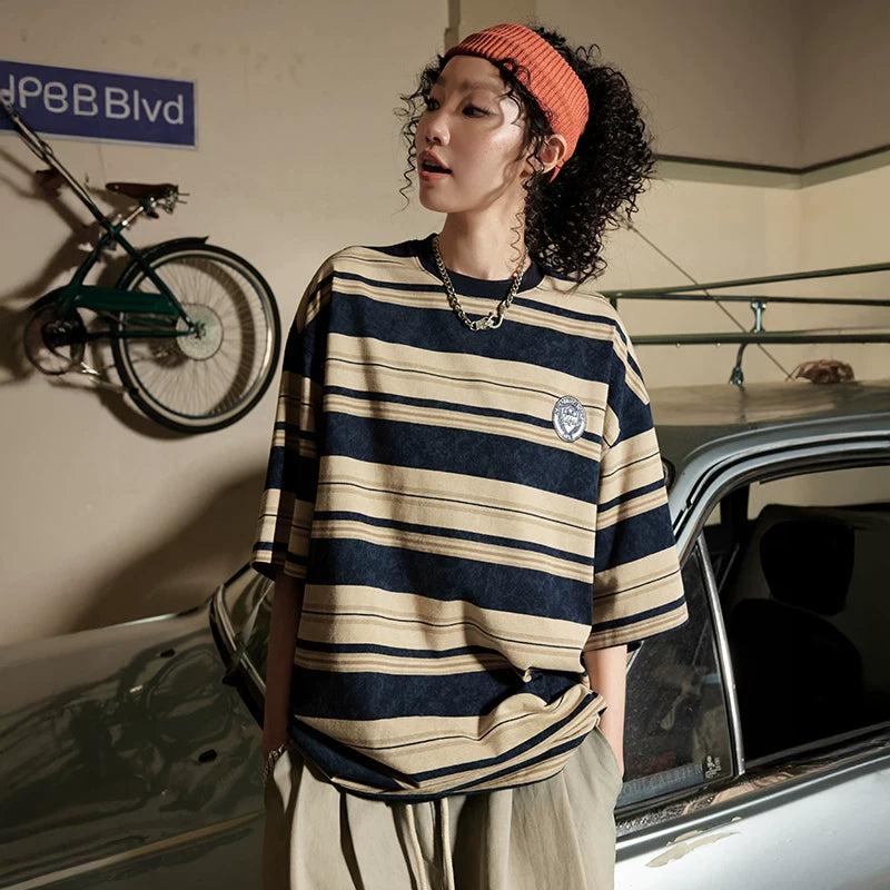 Nuthink American retro striped short sleeved T-shirt, couple's trendy half sleeved T-shirt, 2026 summer new item