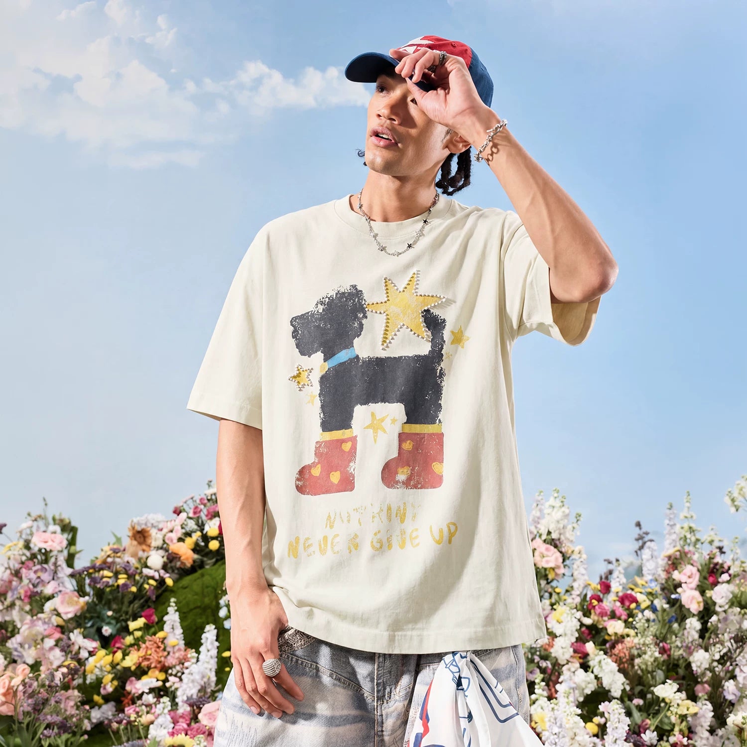 Nuthink American Trendy Brand Washed Graffiti Pearl Star Puppy Short sleeved T-shirt for Men and Women 2026 New Summer