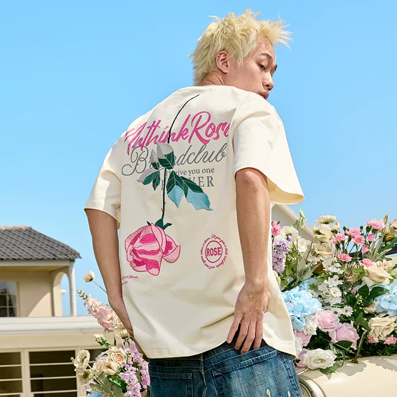 Nuthink Rose Embroidered Short Sleeve T-shirt Heavy American Half Sleeve Retro Loose Letter Men and Women Summer 2026