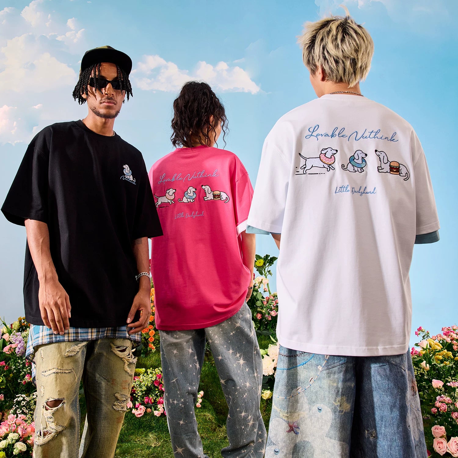 Nuthink Heavy Dog Sausage Dog Embroidery Short Sleeve T-shirt Rose Red Male and Female Couple 2026 Summer New Collection