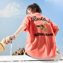 Nuthink American Trendy Brand Embroidered Letter Dog Short sleeved Men's T-shirt Orange Female Couple 2026 New Summer Edition