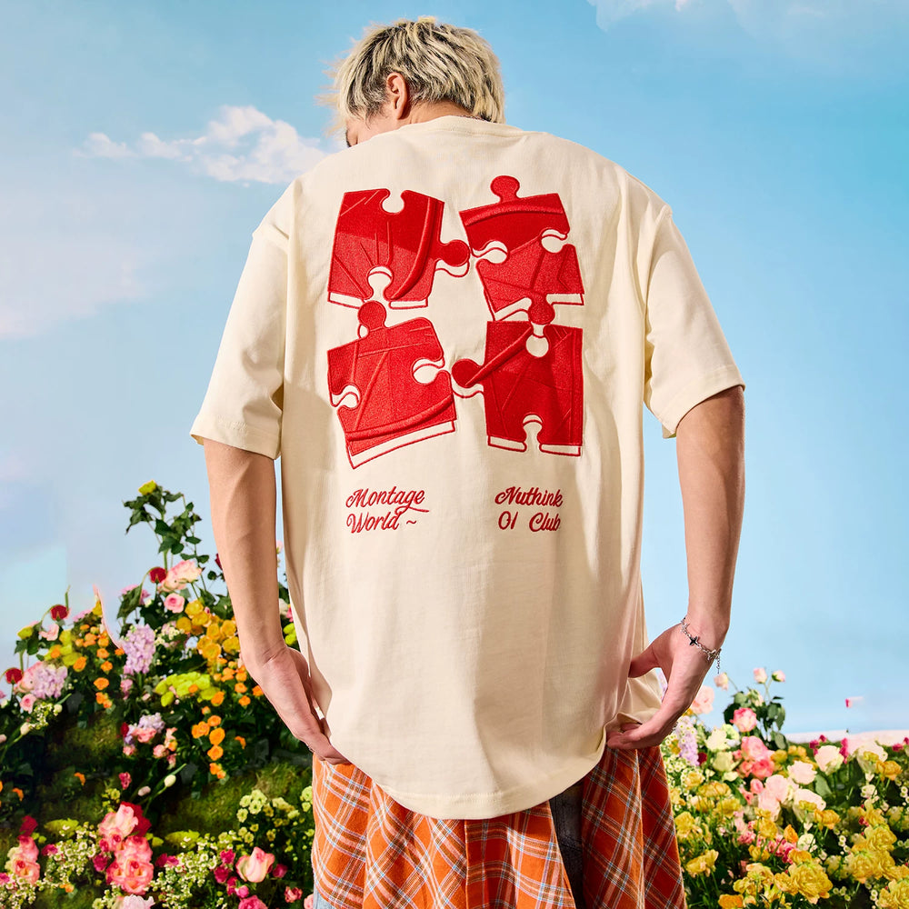 Nuthink Heavy Embroidery Puzzle Short Sleeve T-shirt American Trendy Brand Loose Half Sleeve Couple New Summer 2026