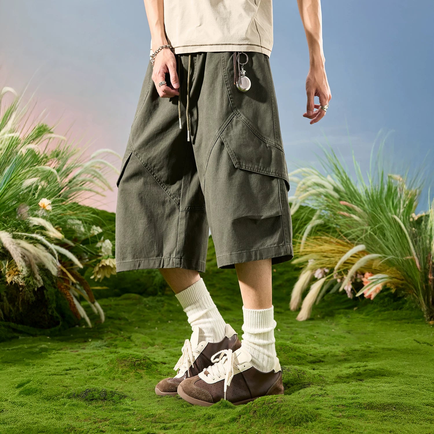 Nuthink American Trendy Brand Loose Wide Leg Seven Leg Splicing Multi Pocket Shorts for Men, 2026 New Summer Collection