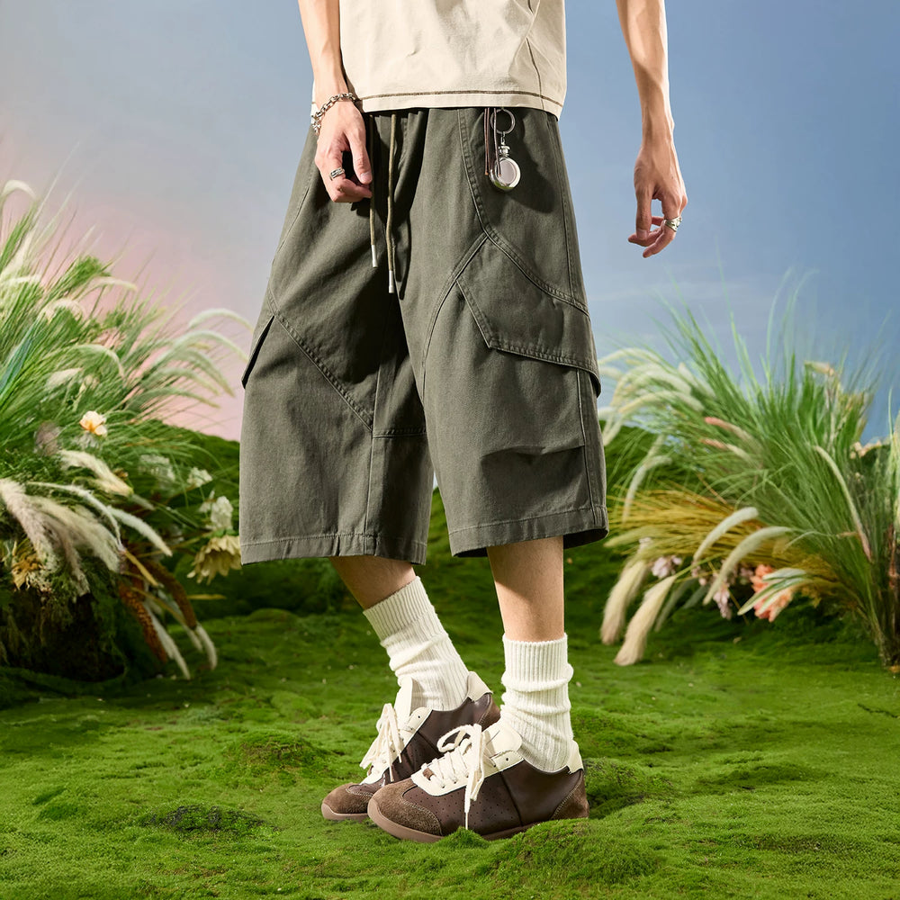 Nuthink American Trendy Brand Loose Wide Leg Seven Leg Splicing Multi Pocket Shorts for Men, 2026 New Summer Collection