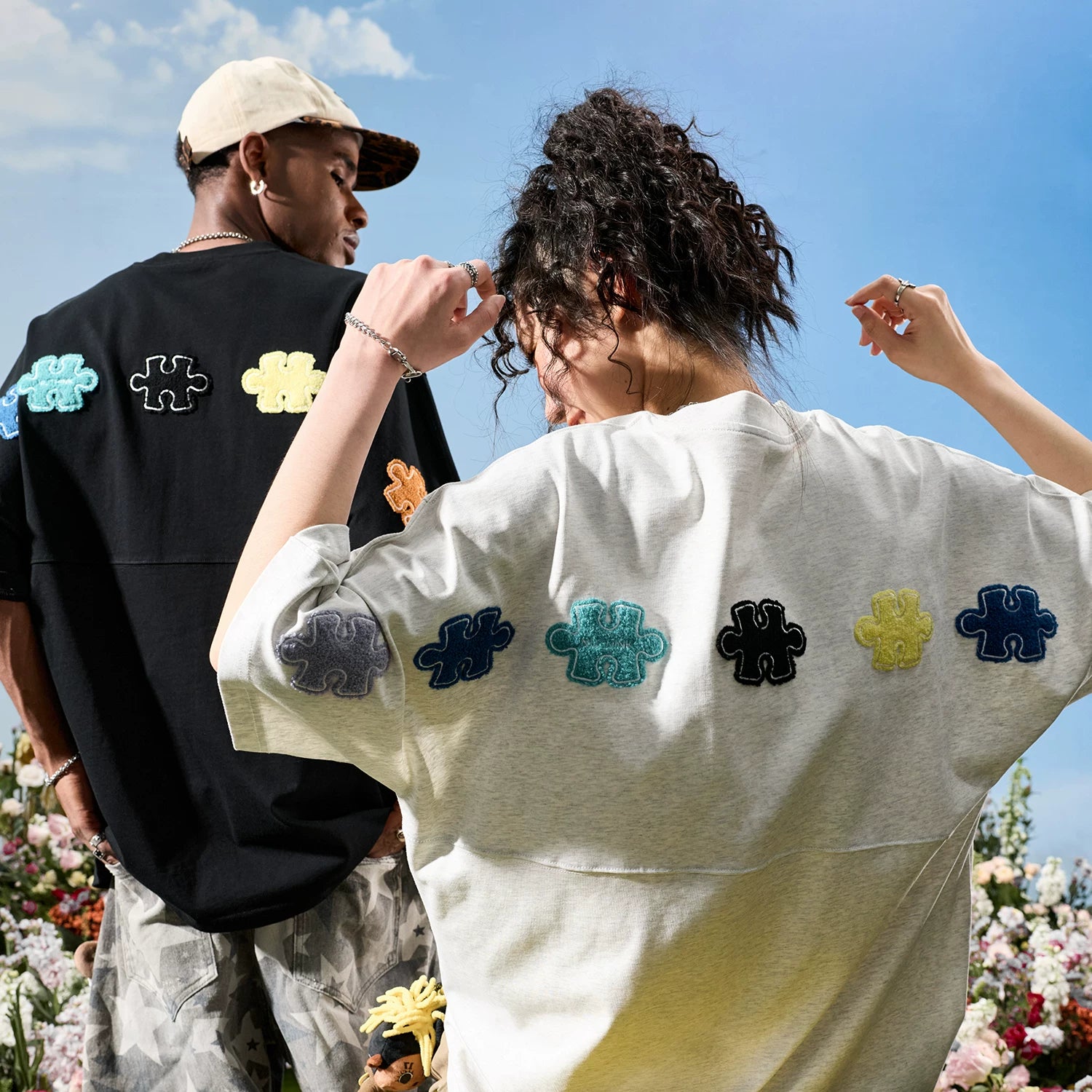 Nuthink American Trendy Brand Dopamine Color Puzzle Embroidered Short Sleeve T-shirt for Men and Women, Half Sleeve, 2026 Summer New Edition