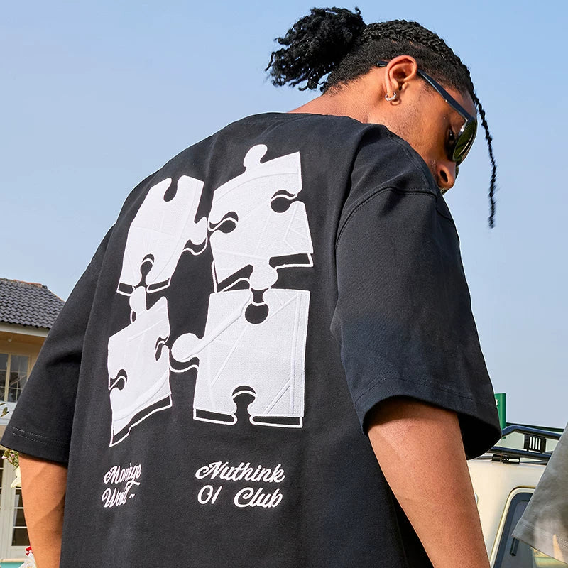 Nuthink American Retro Heavy Embroidered Short Sleeve T-shirt Puzzle Hip Hop Trendy Brand Loose Men and Women Summer 2026