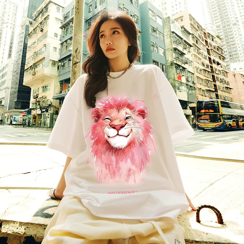 Nuthink heavyweight niche couple lion short sleeved men's summer American T-shirt trend loose oversized half sleeved top