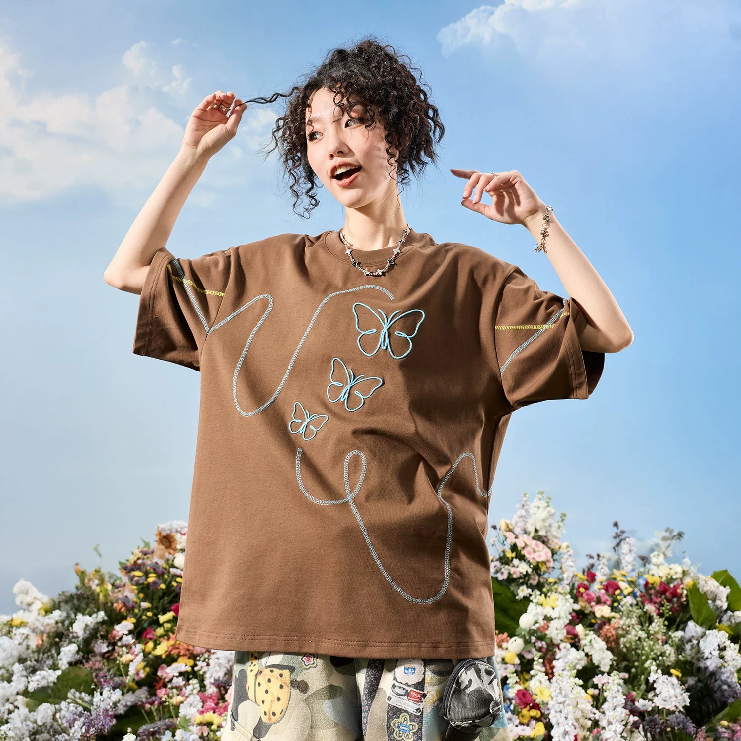 Nuthink American retro trendy brand embroidered butterfly Hasselblad thread cool short sleeved men's T-shirt women 2026 new summer