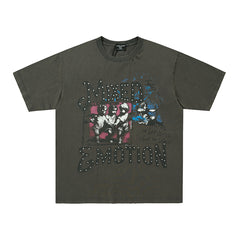 Charcoal Black Washed Cross Rhinestone Double‑Sided Graphic Short Sleeve T‑Shirt