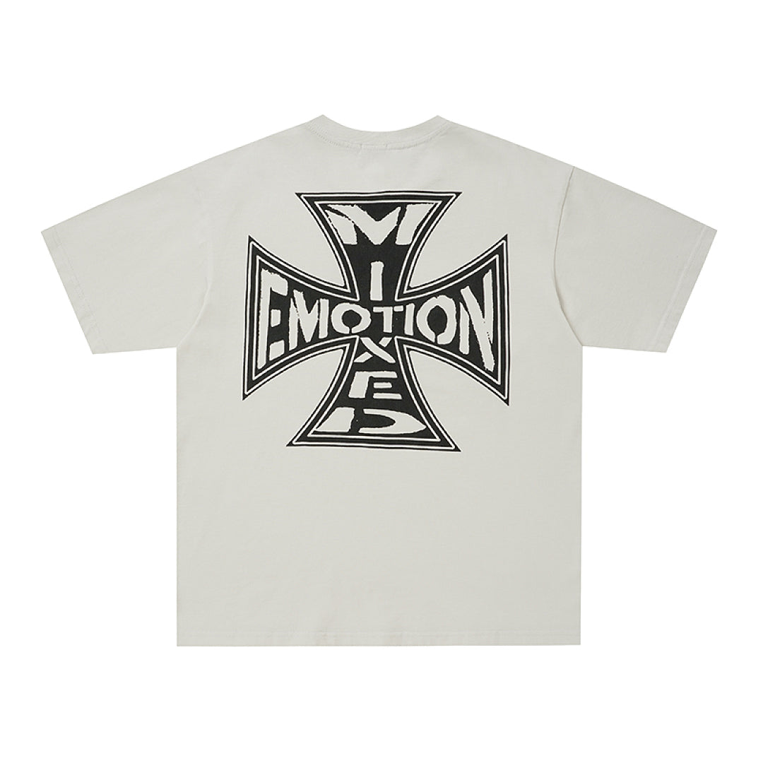 Off‑White Washed Mixed Emotion Small Cross Logo Single‑Sided Short Sleeve T‑Shirt